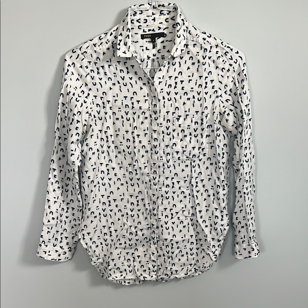 Maje Black and White Typography Print Casual Button Up Shirt Soft